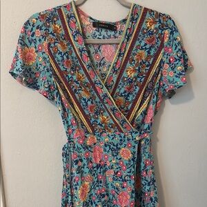 Blue and Pink Ruffled Wrap Midi Dress